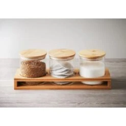 B&M Natural Home Glass Jars In Bamboo Stand 3pk -Home Furnishings 380530 3pk natural home glass jars in bamboo stand