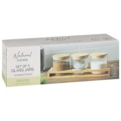 B&M Natural Home Glass Jars In Bamboo Stand 3pk -Home Furnishings 380530 3pk natural home glass jars in bamboo stand 7